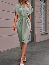 Women's Casual Dress Midi Dress Ruched Date Vacation Streetwear Basic V Neck Short Sleeve Black Pink Dark Green Color