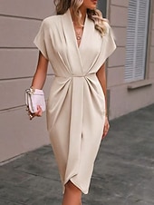 Women's Casual Dress Midi Dress Ruched Date Vacation Streetwear Basic V Neck Short Sleeve Black Pink Dark Green Color