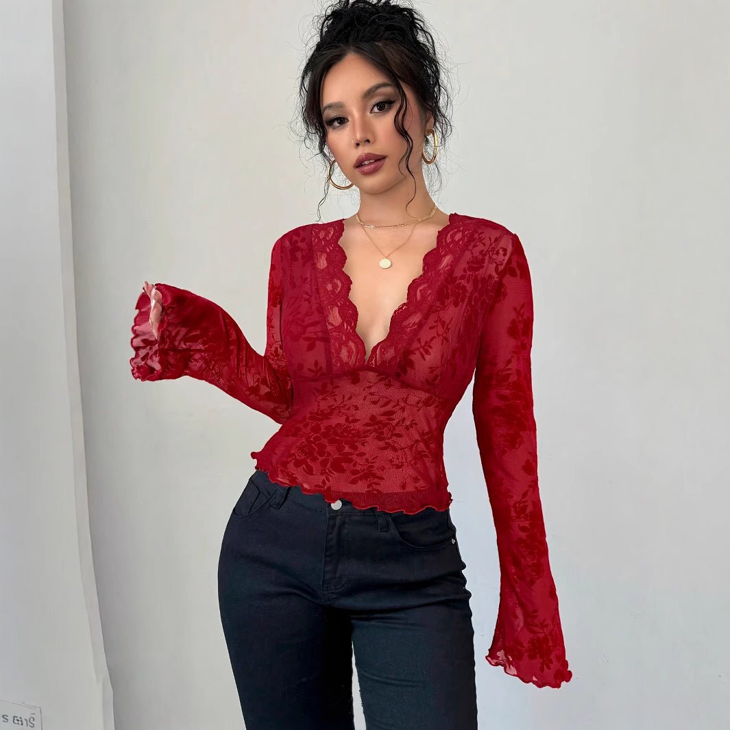 Spring 2025 new women's V-neck lace mesh horn sleeve T-shirt top women