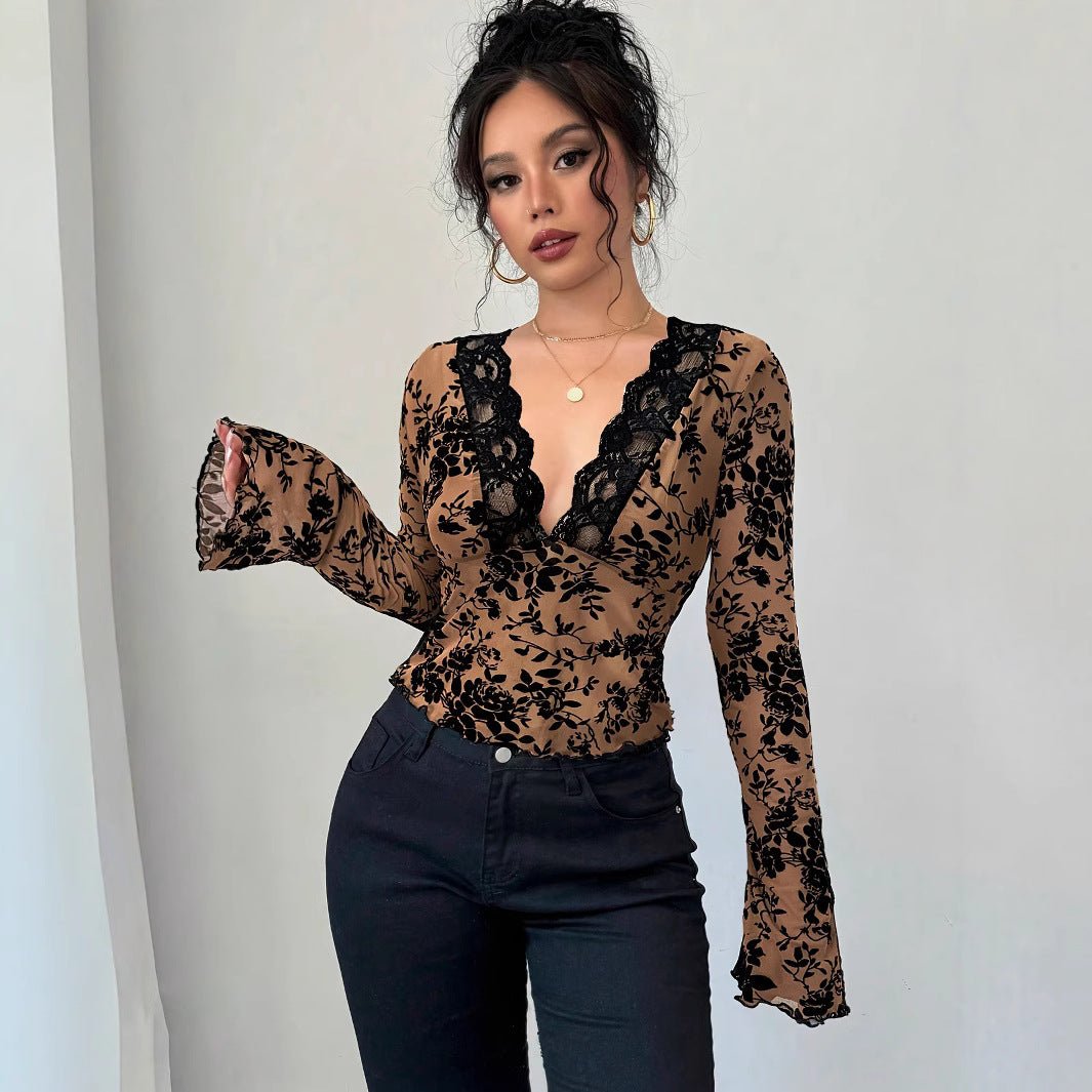 Spring 2025 new women's V-neck lace mesh horn sleeve T-shirt top women
