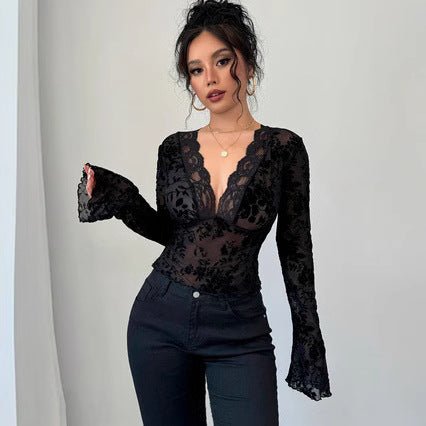 Spring 2025 new women's V-neck lace mesh horn sleeve T-shirt top women