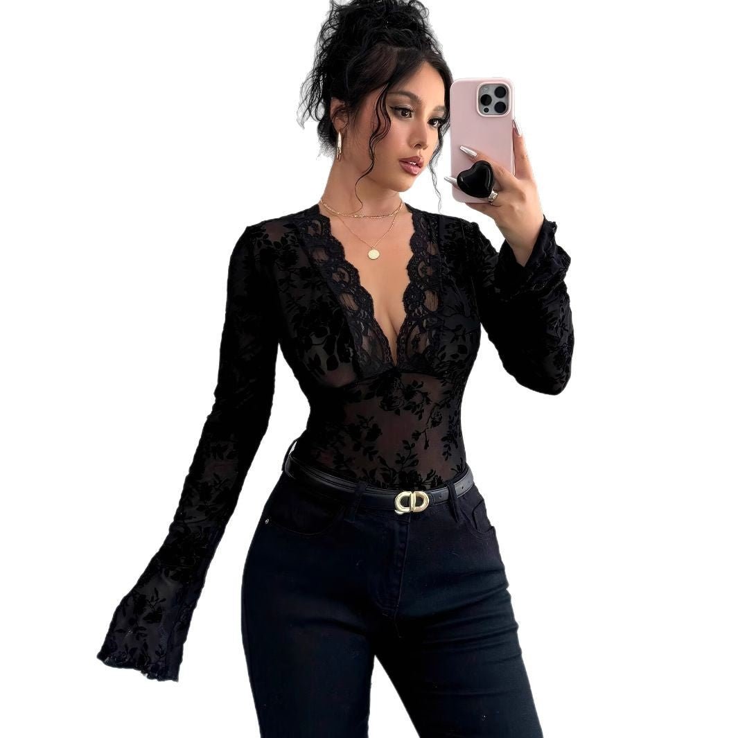 Spring 2025 new women's V-neck lace mesh horn sleeve T-shirt top women