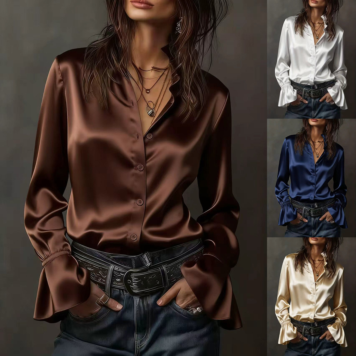 Solid Color Satin Casual Long-sleeved Button-down Shirt