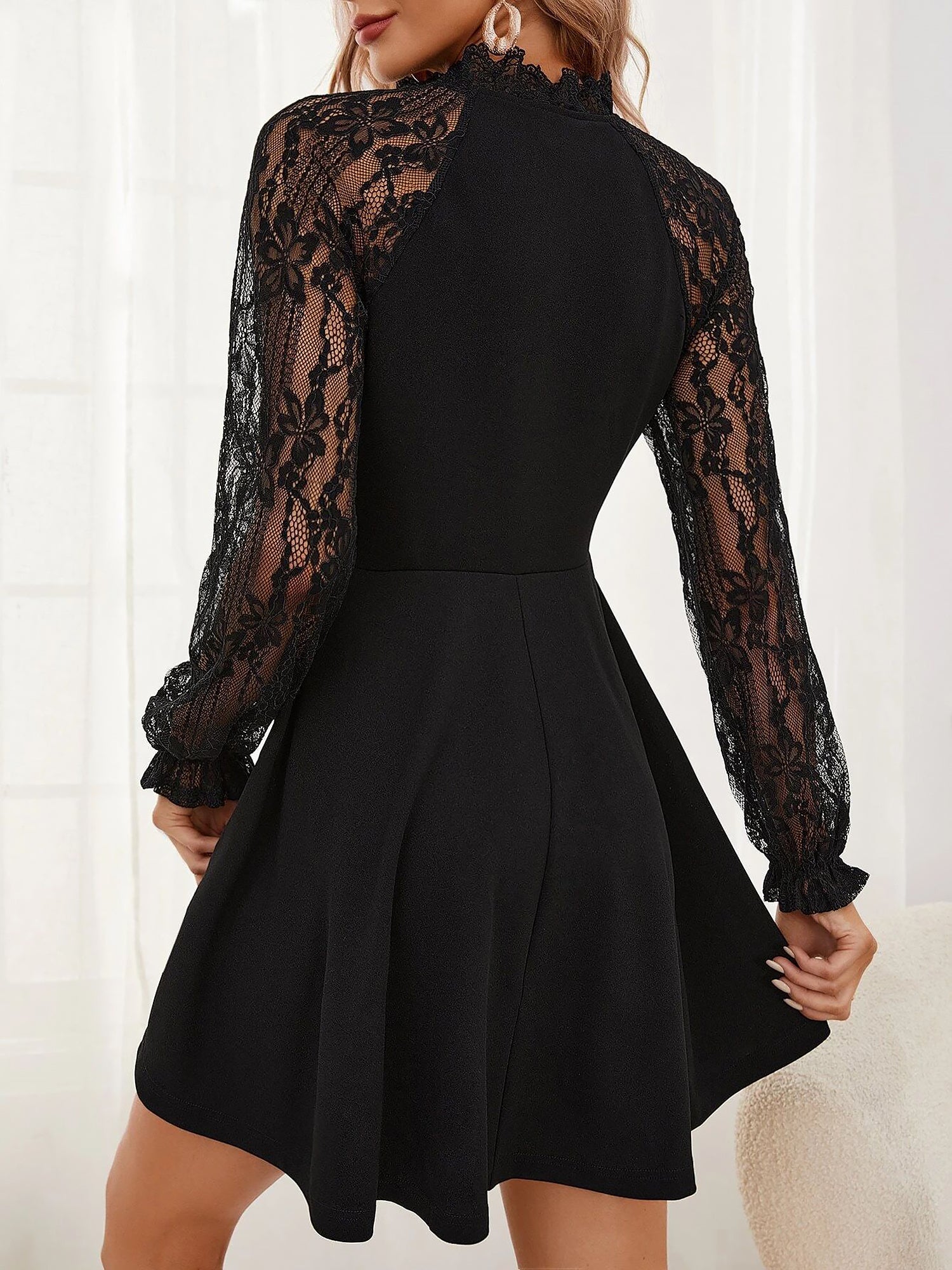 Elegant Floral Lace Sheer Patchwork Long Sleeves A-Line Mini Dress