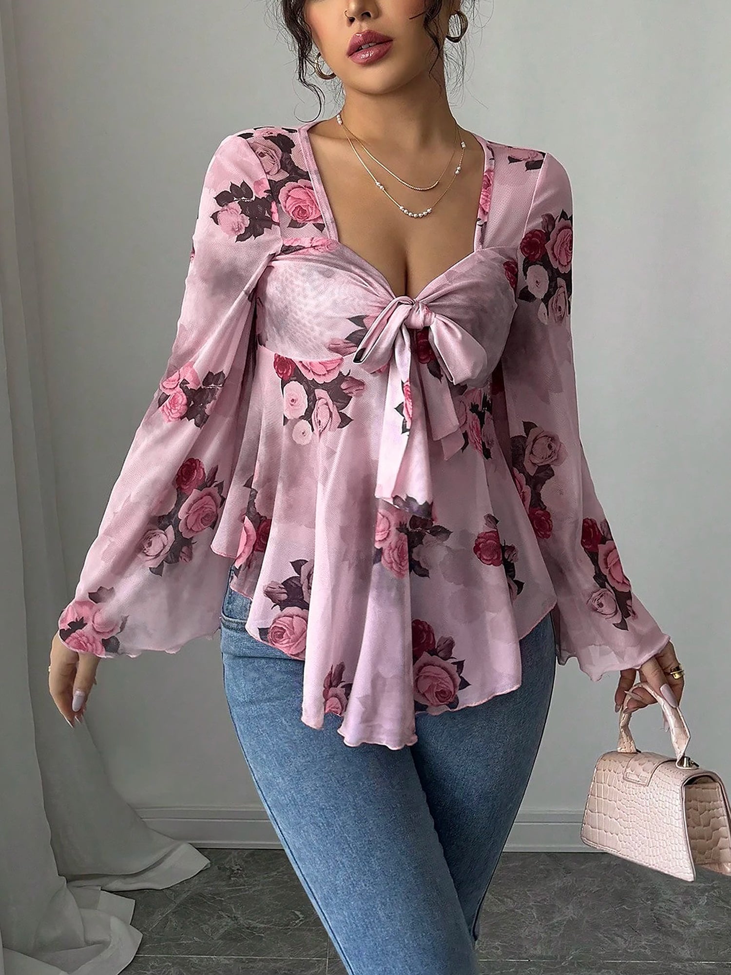 Floral Lace-Up Bow Long Sleeve Babydoll Blouse