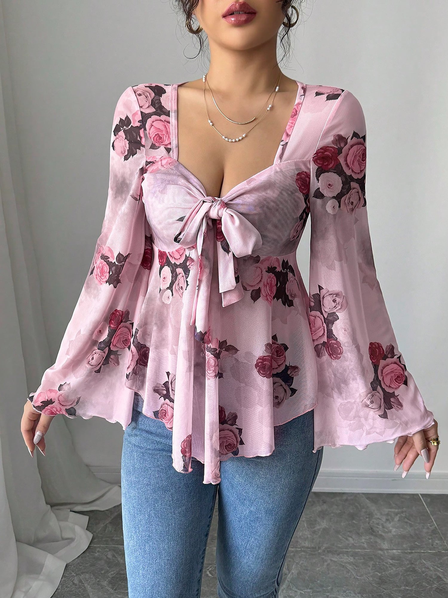 Floral Lace-Up Bow Long Sleeve Babydoll Blouse