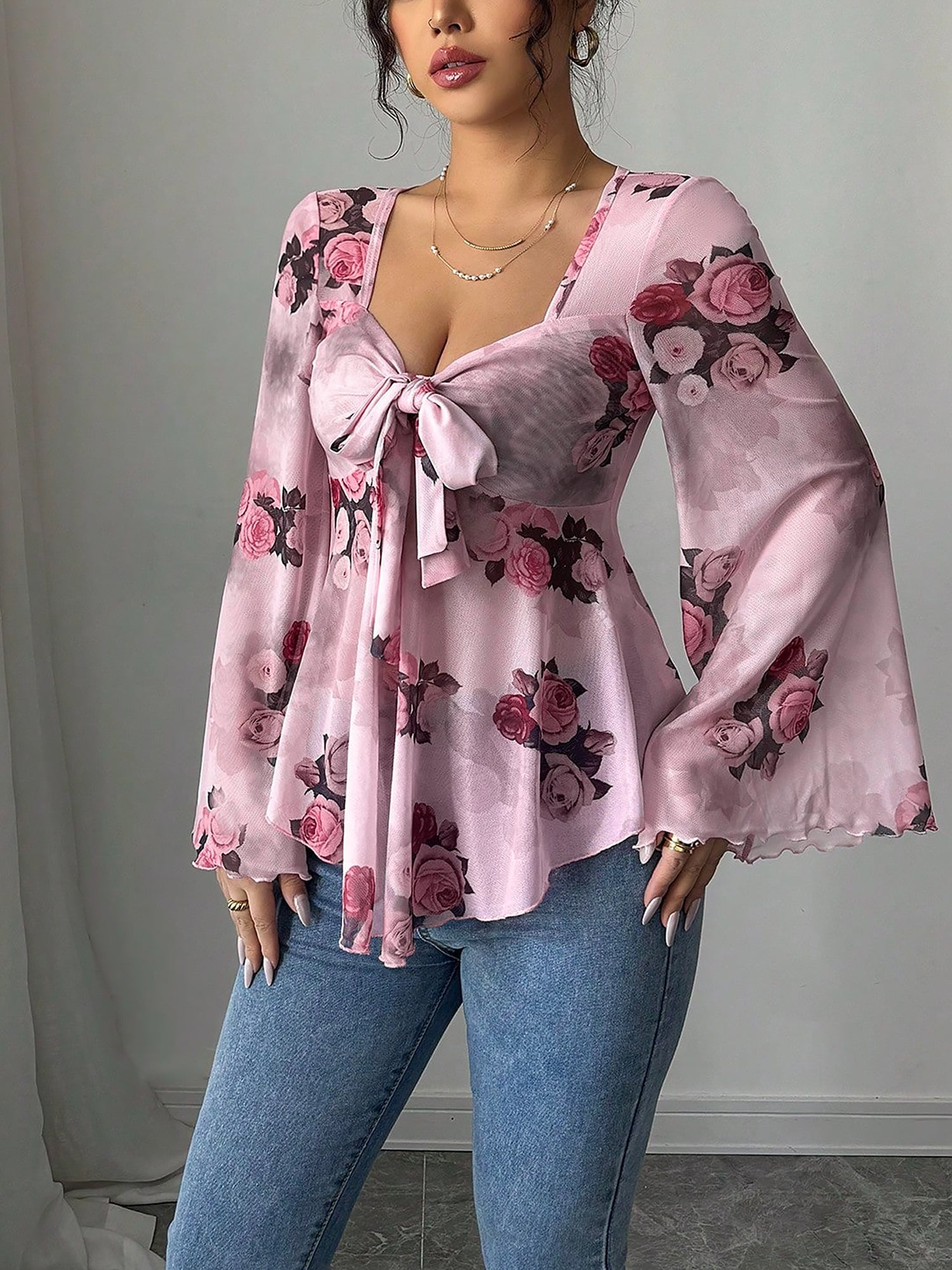Floral Lace-Up Bow Long Sleeve Babydoll Blouse