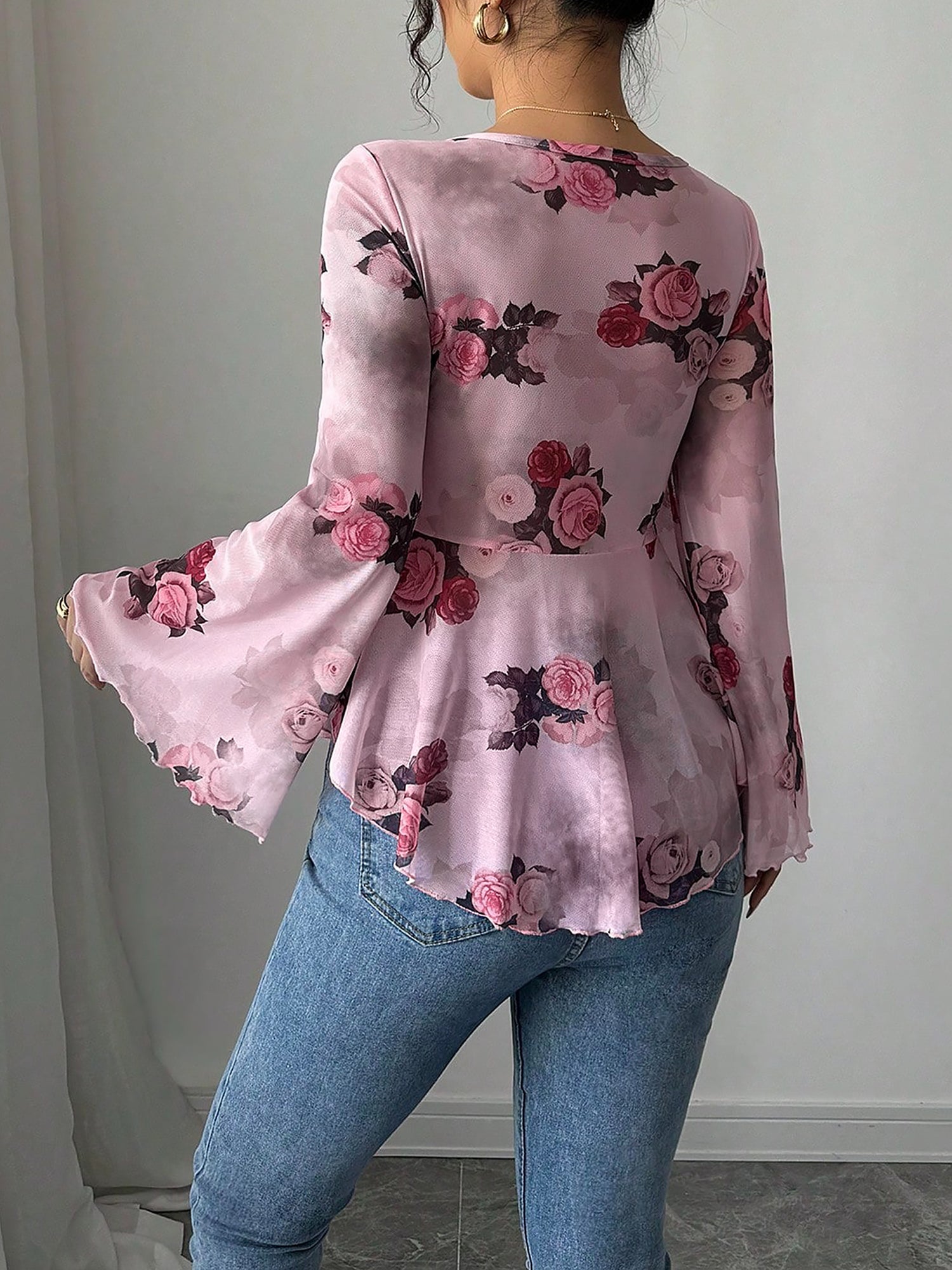 Floral Lace-Up Bow Long Sleeve Babydoll Blouse