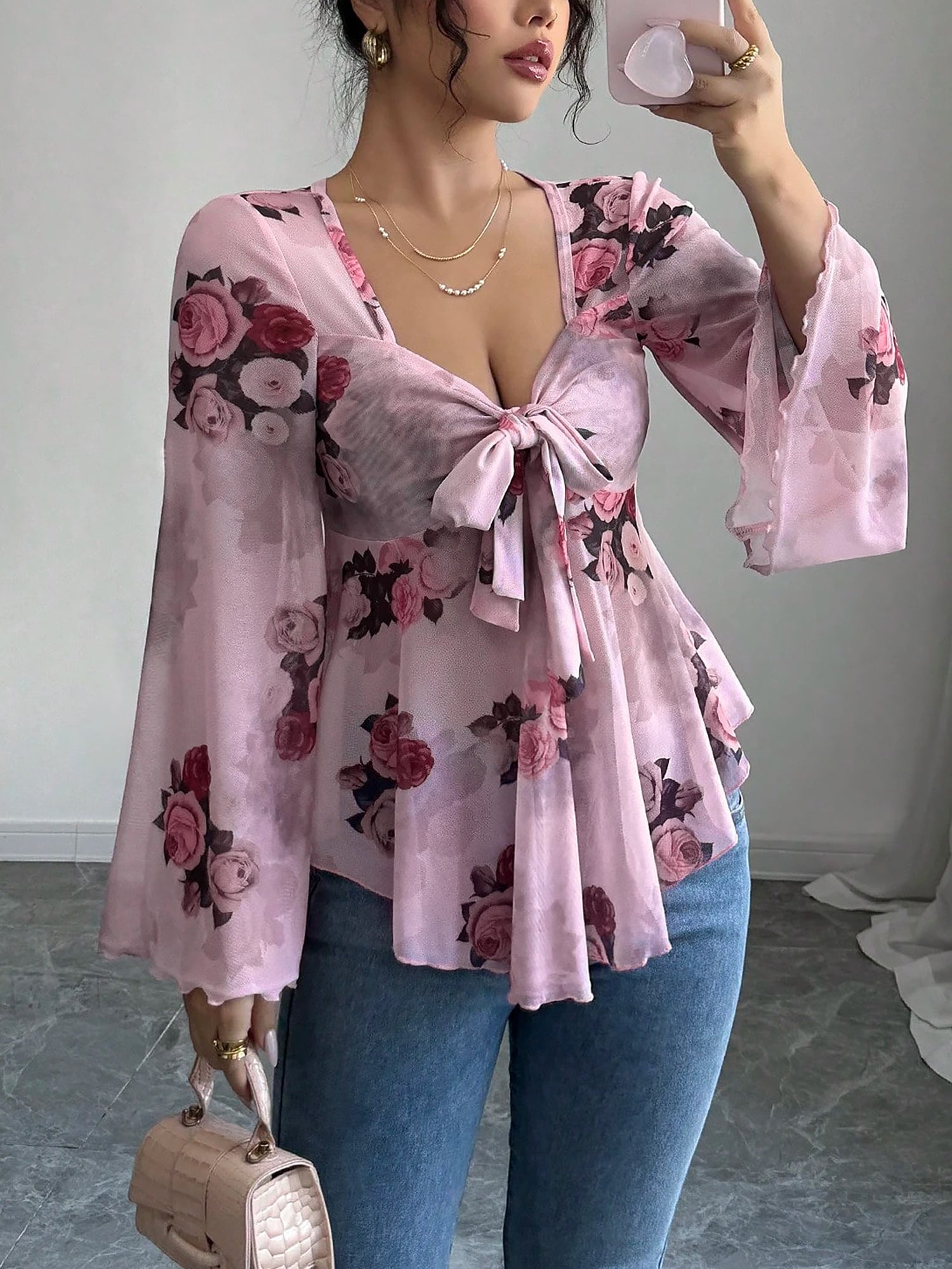 Floral Lace-Up Bow Long Sleeve Babydoll Blouse
