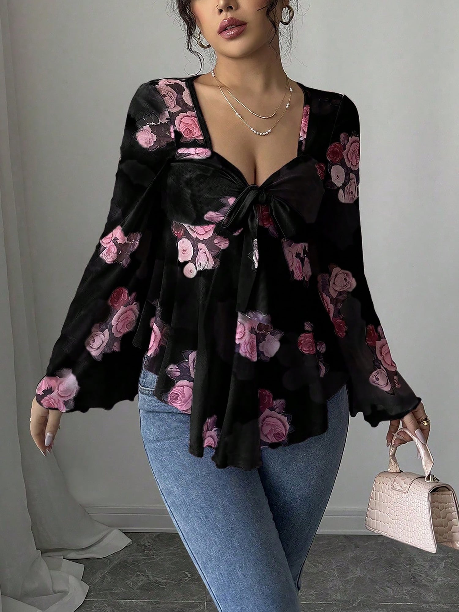 Floral Lace-Up Bow Long Sleeve Babydoll Blouse