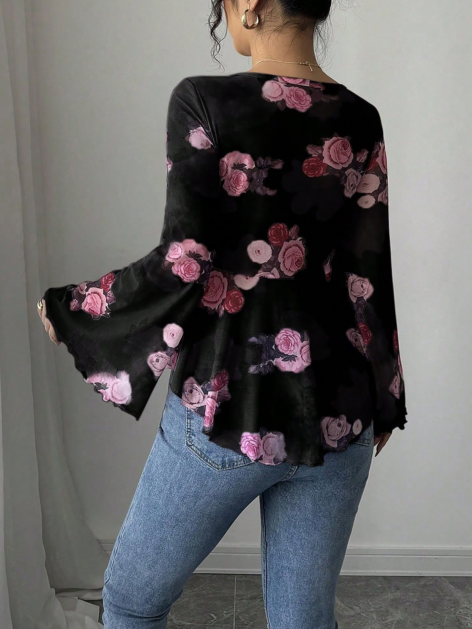 Floral Lace-Up Bow Long Sleeve Babydoll Blouse