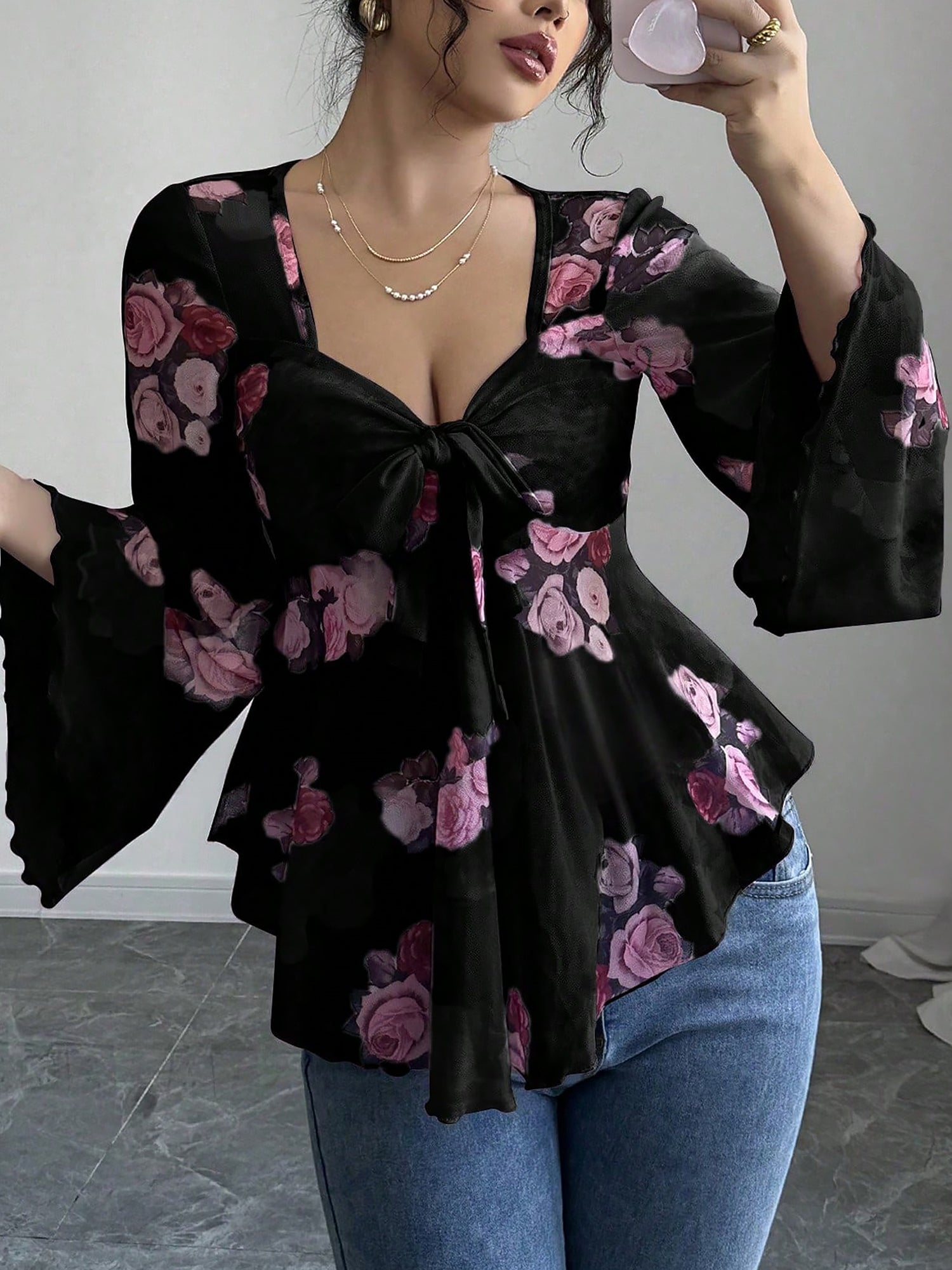 Floral Lace-Up Bow Long Sleeve Babydoll Blouse