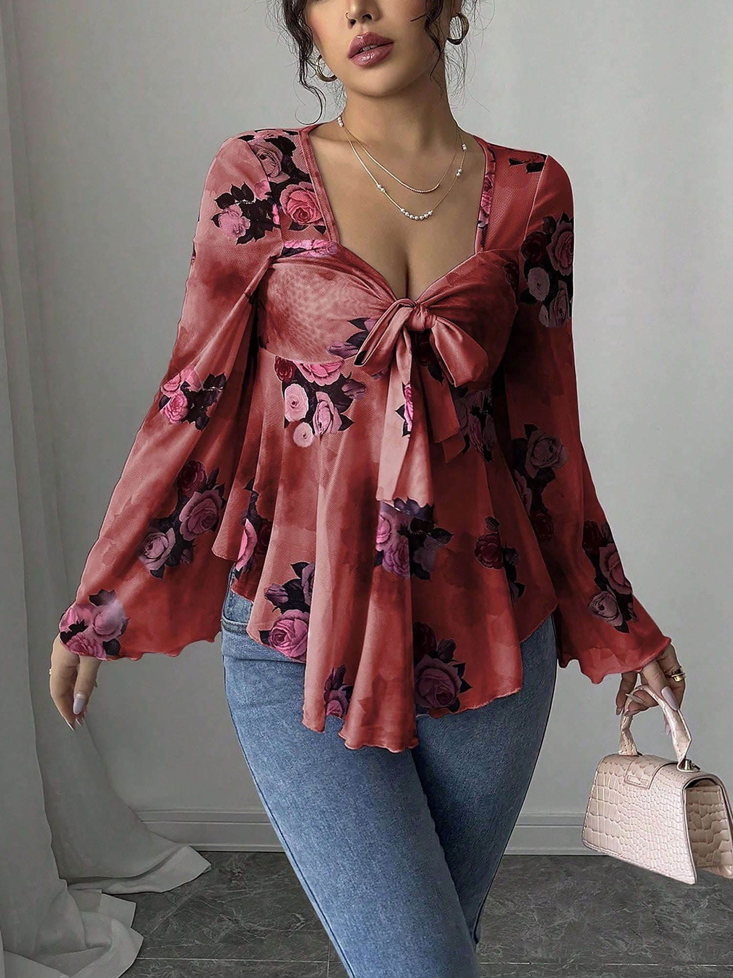 Floral Lace-Up Bow Long Sleeve Babydoll Blouse