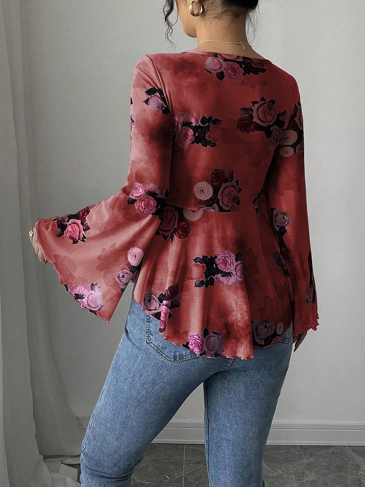 Floral Lace-Up Bow Long Sleeve Babydoll Blouse