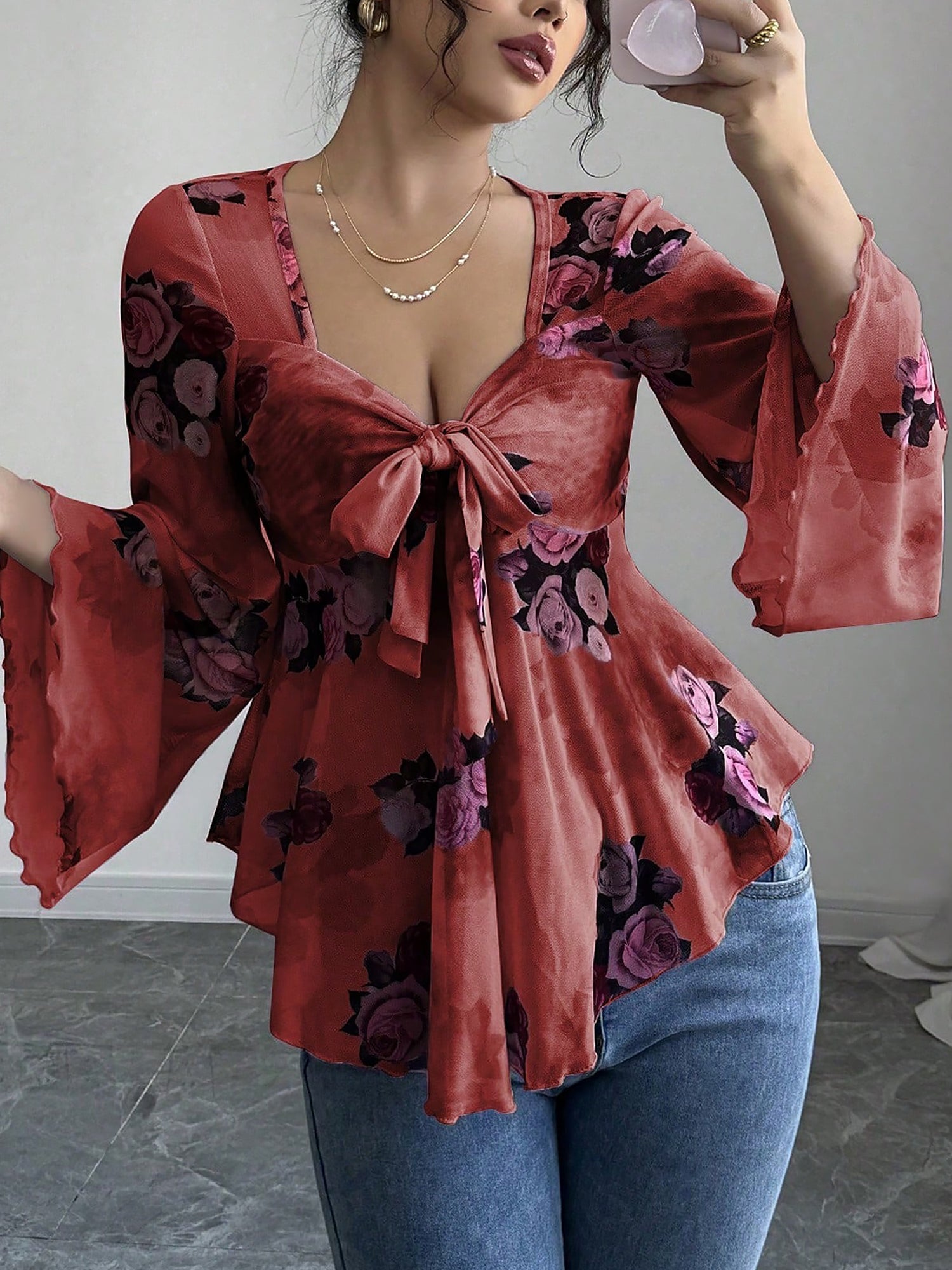 Floral Lace-Up Bow Long Sleeve Babydoll Blouse