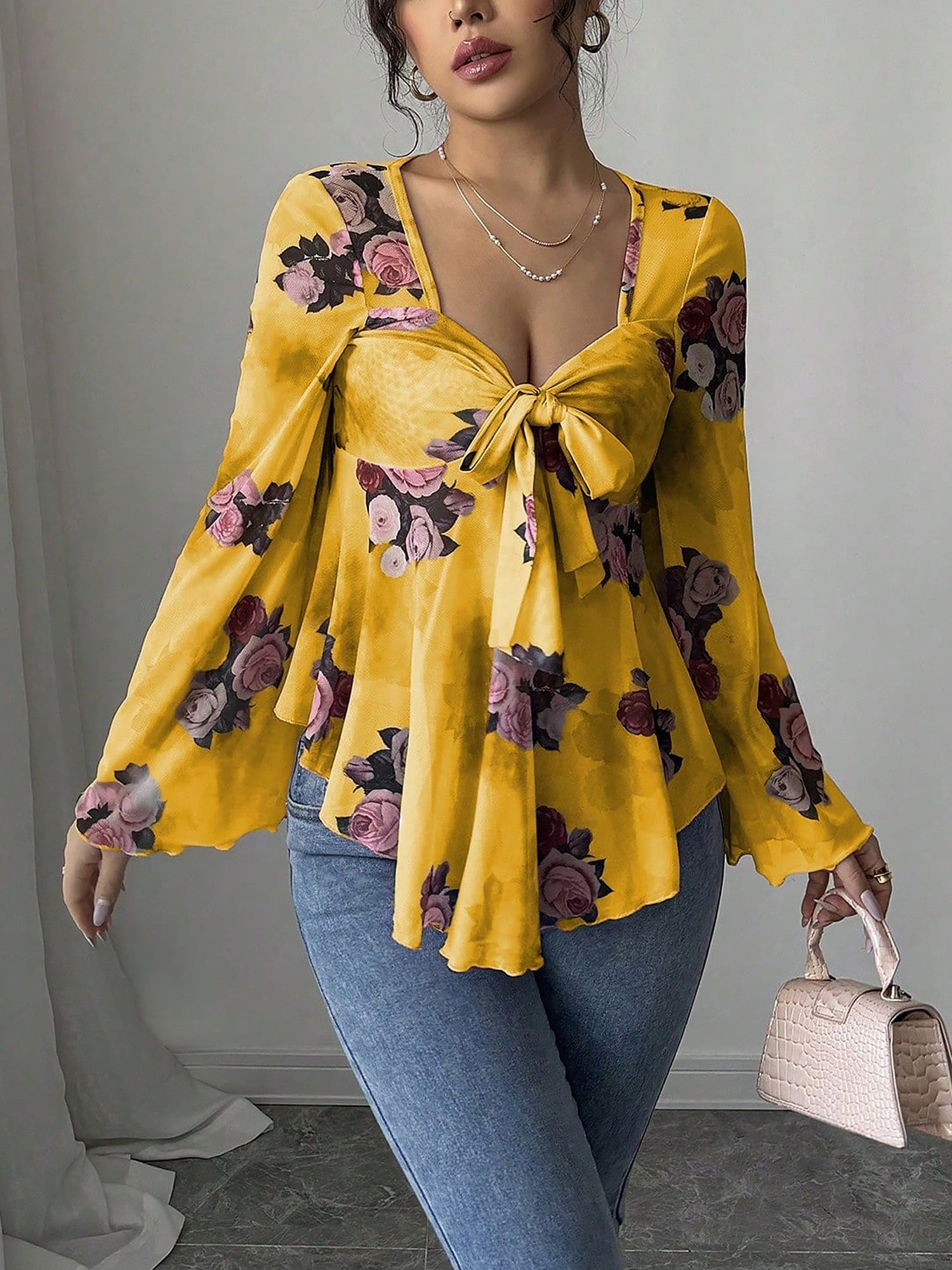 Floral Lace-Up Bow Long Sleeve Babydoll Blouse