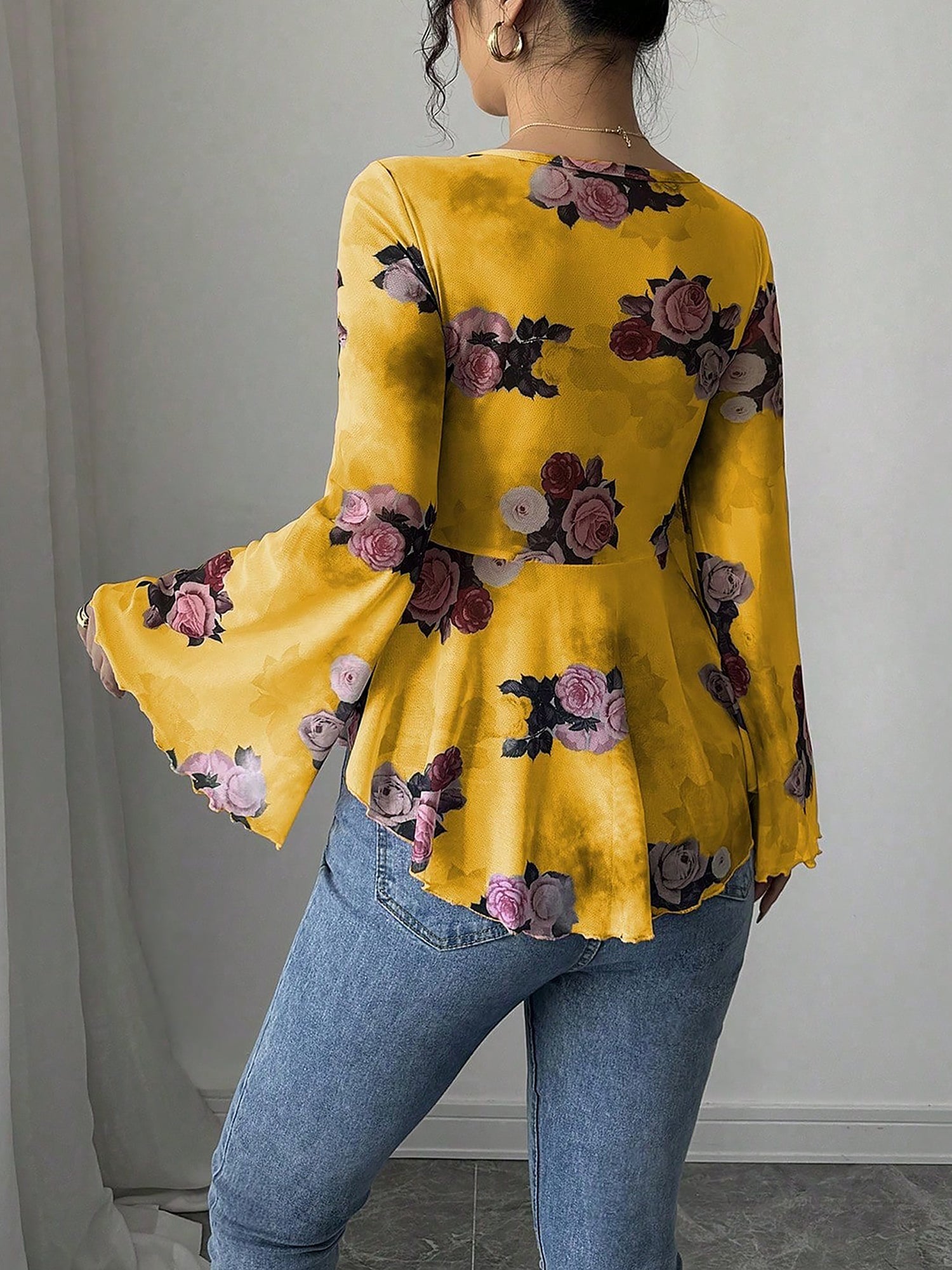 Floral Lace-Up Bow Long Sleeve Babydoll Blouse