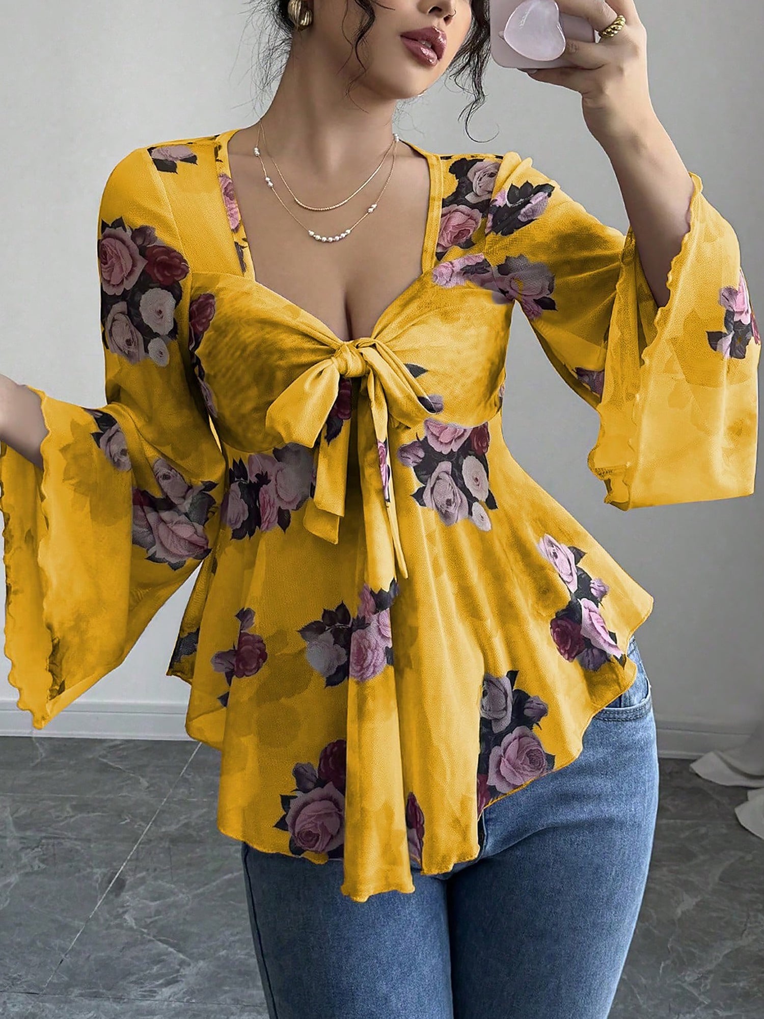 Floral Lace-Up Bow Long Sleeve Babydoll Blouse