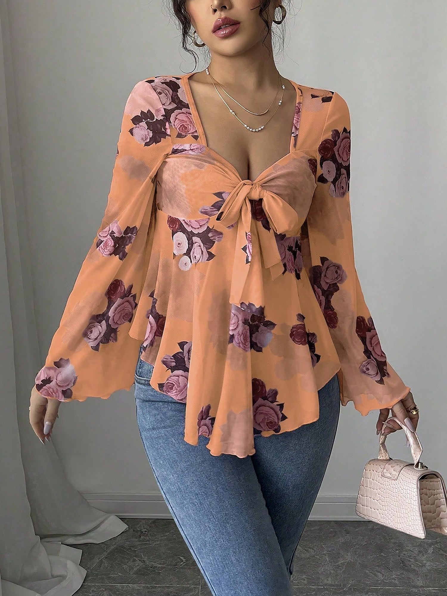 Floral Lace-Up Bow Long Sleeve Babydoll Blouse