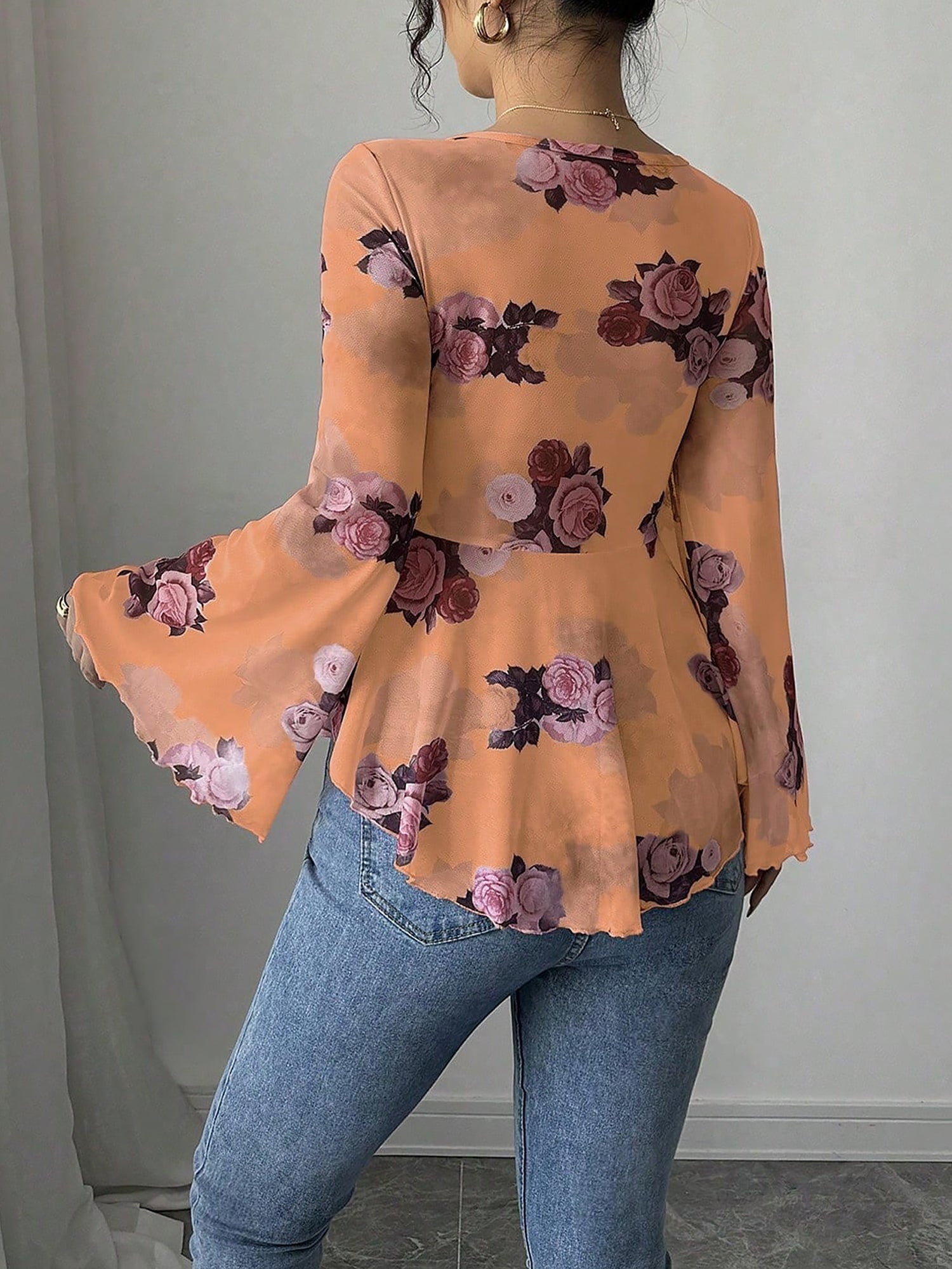 Floral Lace-Up Bow Long Sleeve Babydoll Blouse