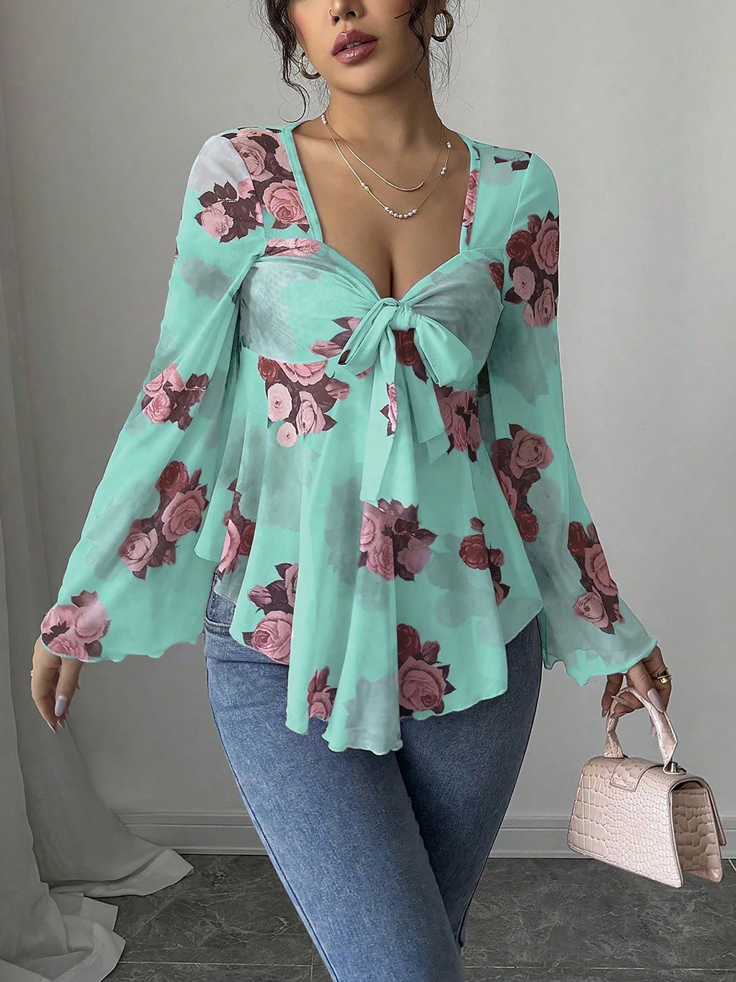 Floral Lace-Up Bow Long Sleeve Babydoll Blouse