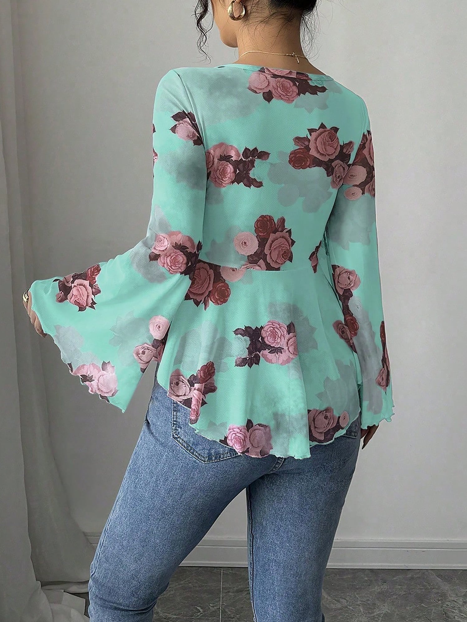 Floral Lace-Up Bow Long Sleeve Babydoll Blouse