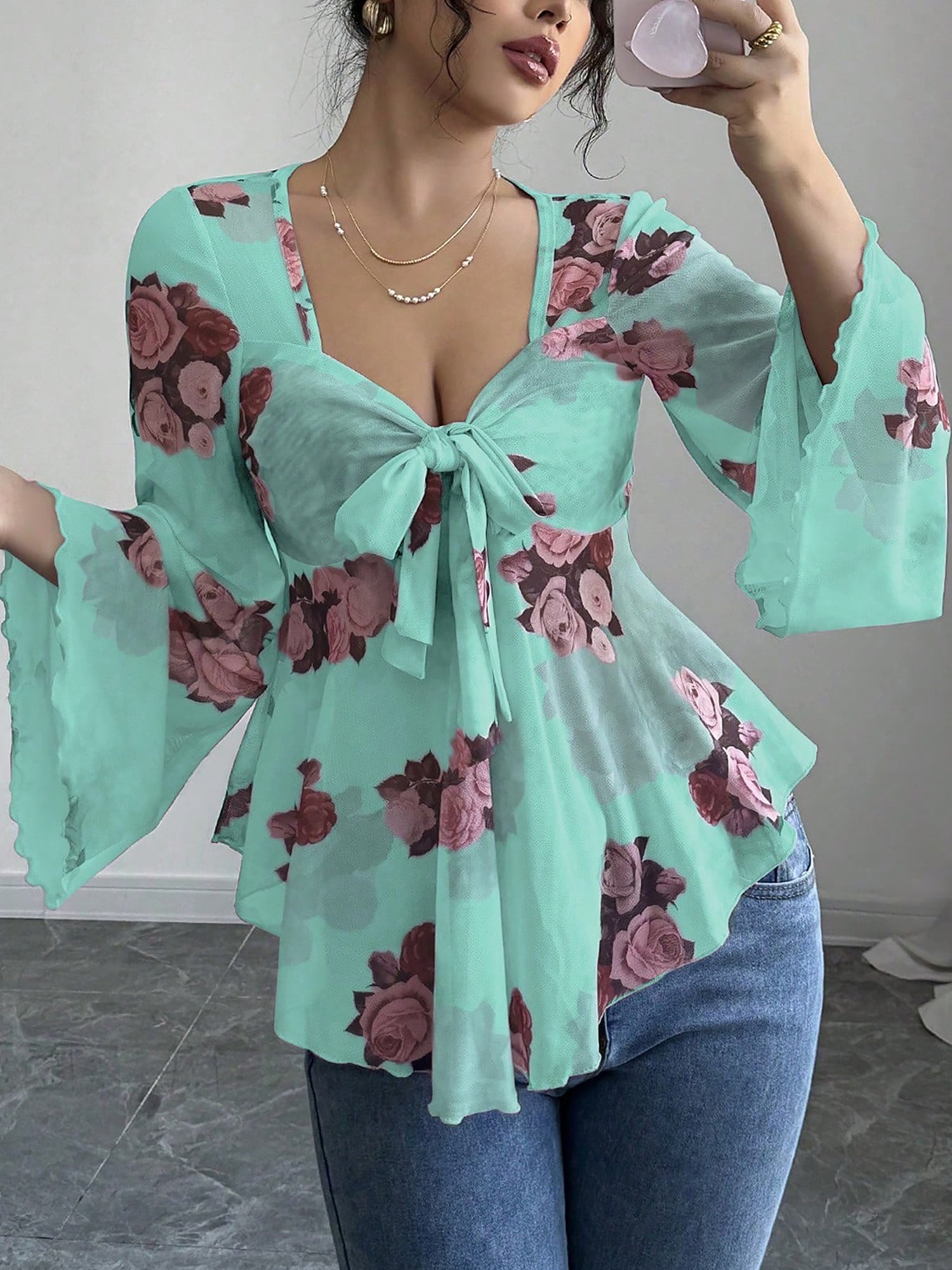 Floral Lace-Up Bow Long Sleeve Babydoll Blouse
