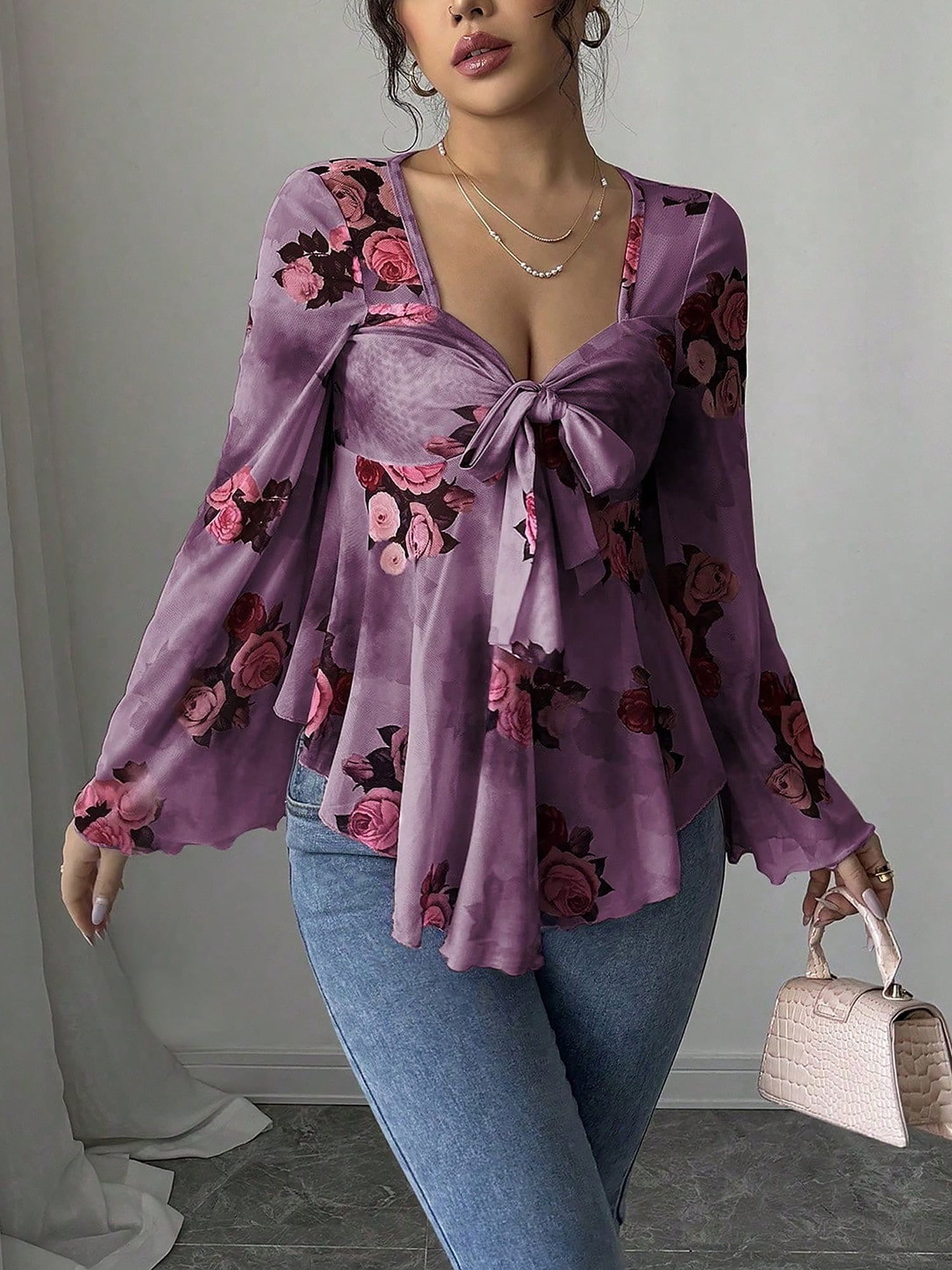 Floral Lace-Up Bow Long Sleeve Babydoll Blouse
