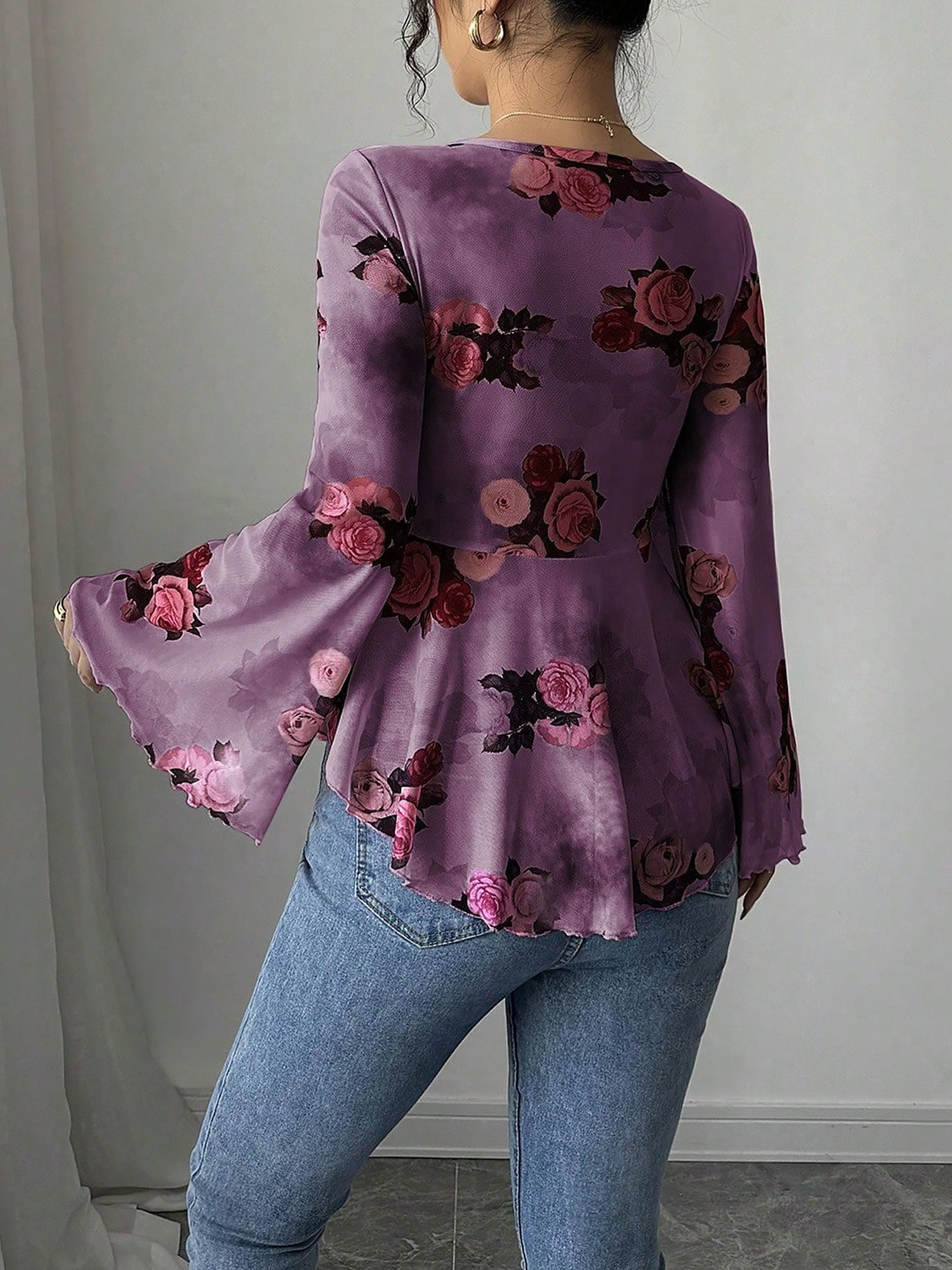 Floral Lace-Up Bow Long Sleeve Babydoll Blouse