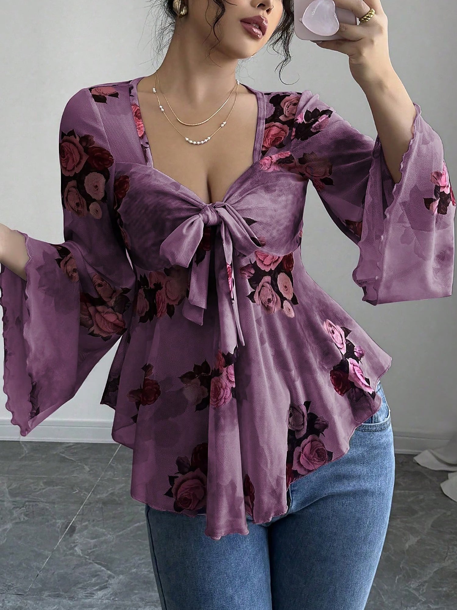 Floral Lace-Up Bow Long Sleeve Babydoll Blouse
