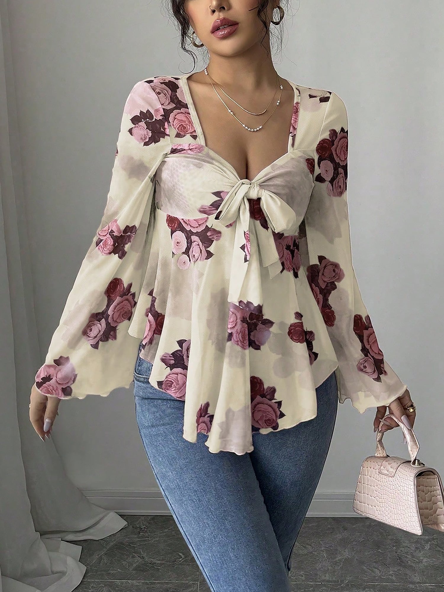 Floral Lace-Up Bow Long Sleeve Babydoll Blouse