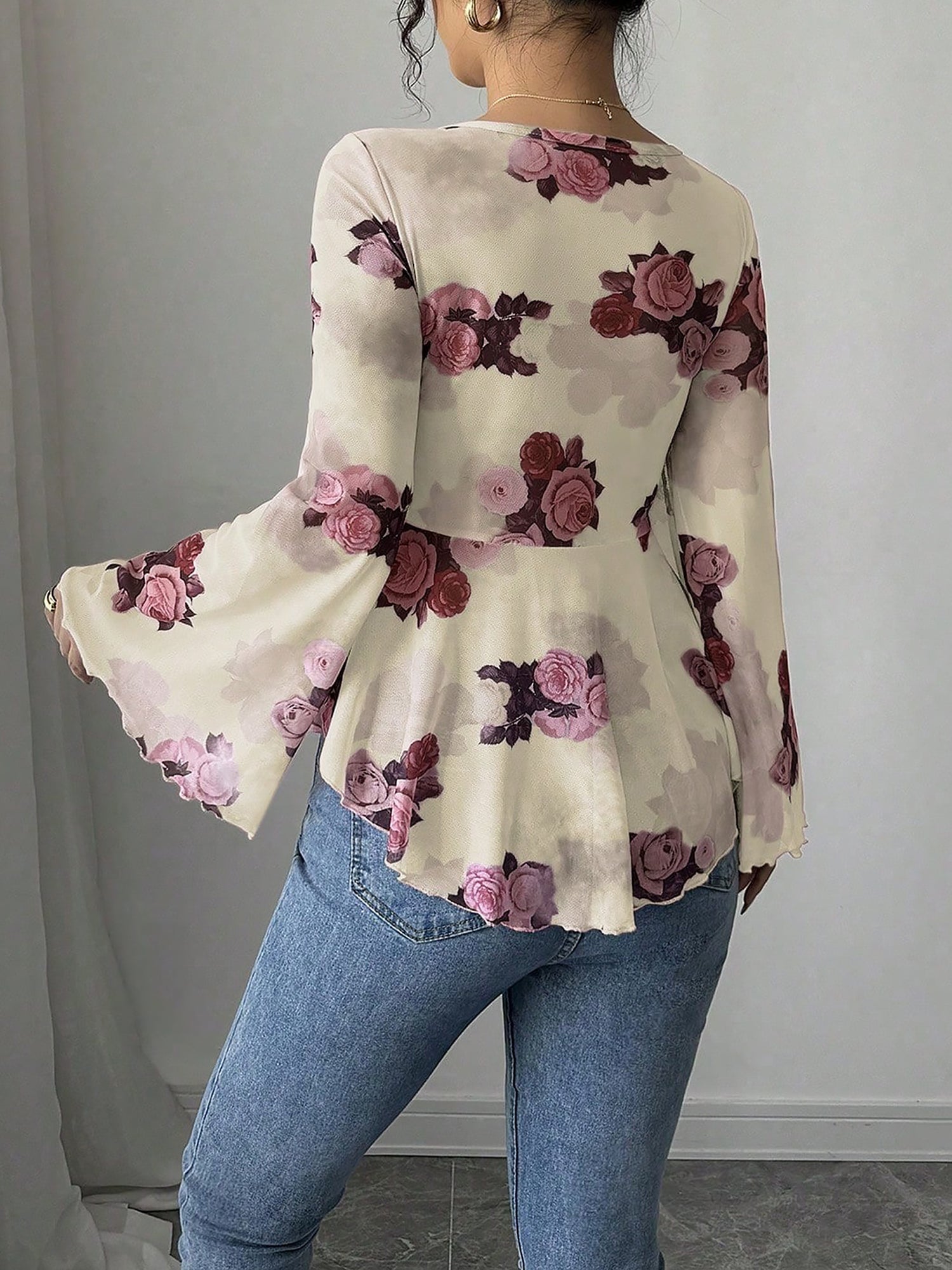 Floral Lace-Up Bow Long Sleeve Babydoll Blouse