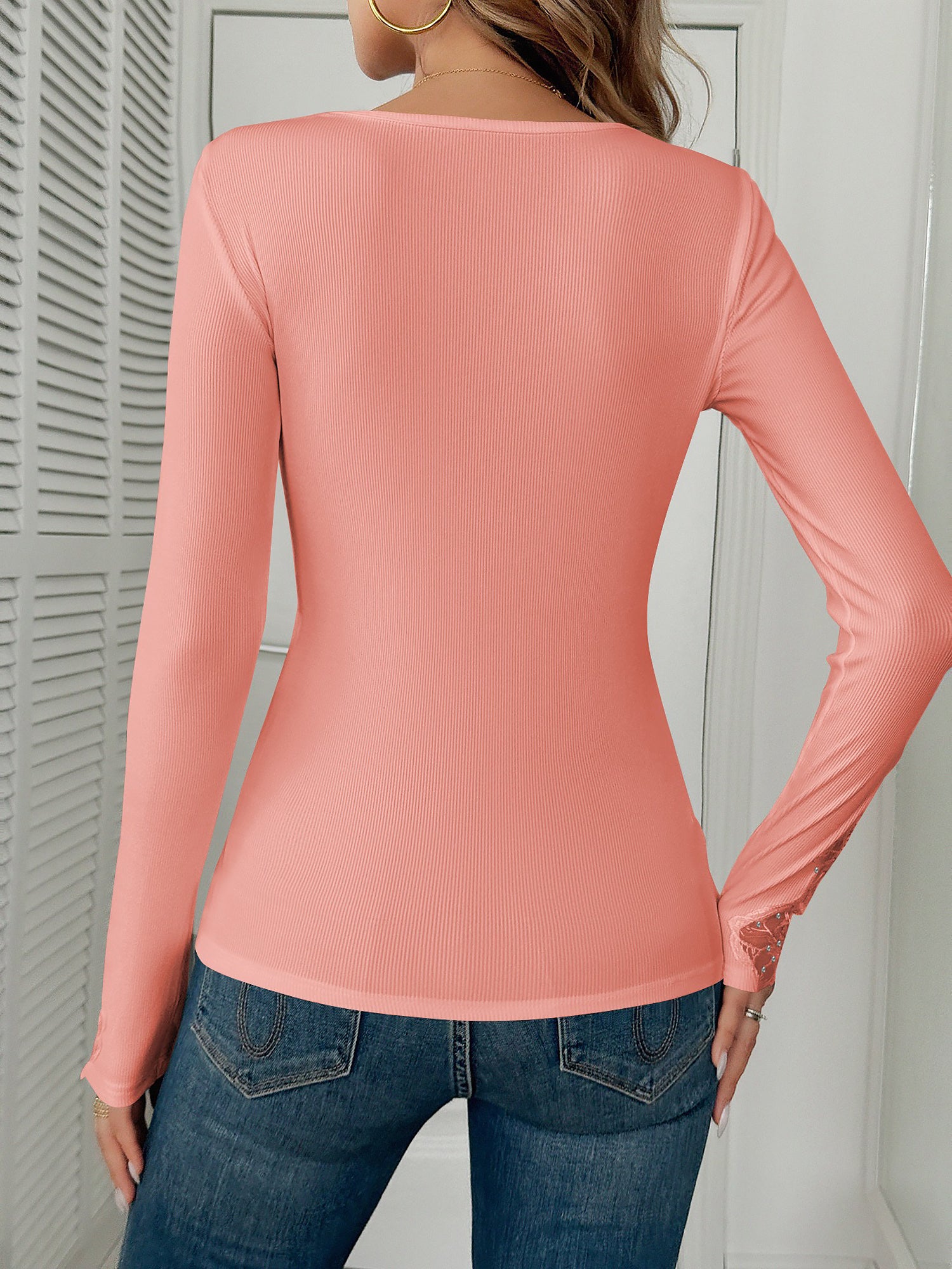 Lace Patchwork Rhinestone Decor Long Sleeves Top