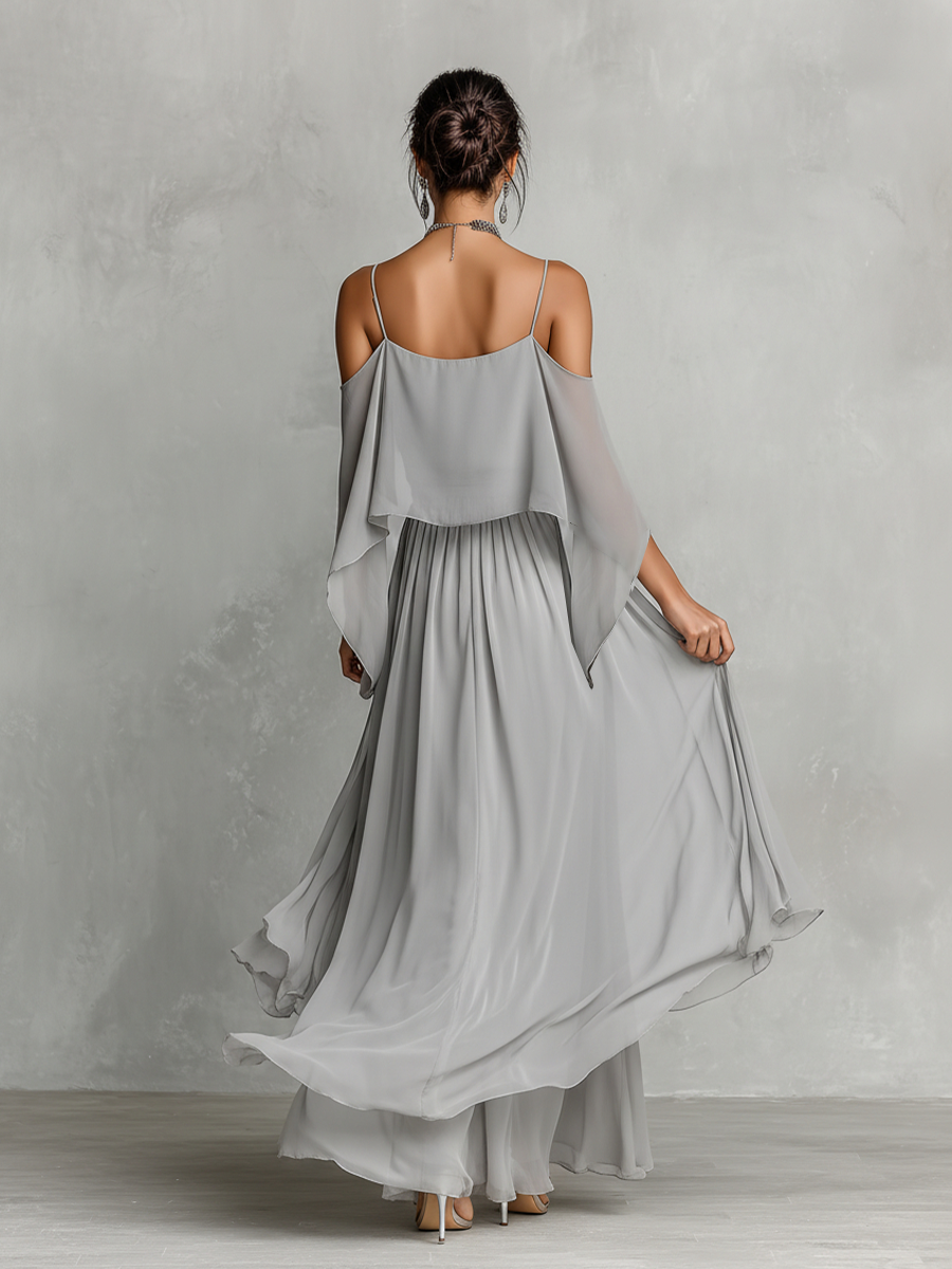 Women's Grey Breathable Chiffon Maxi Dress With Cold-Shoulder Detail & Flared Silhouette,