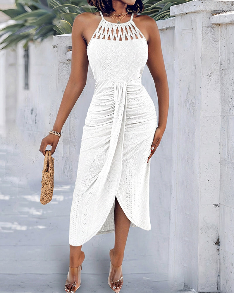 Halter Tie Criss Cross Front Knit Jacquard Textured Slit Dress Casual Hollow-out Draped Vacation Dress