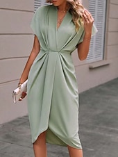 Women's Casual Dress Midi Dress Ruched Date Vacation Streetwear Basic V Neck Short Sleeve Black Pink Dark Green Color