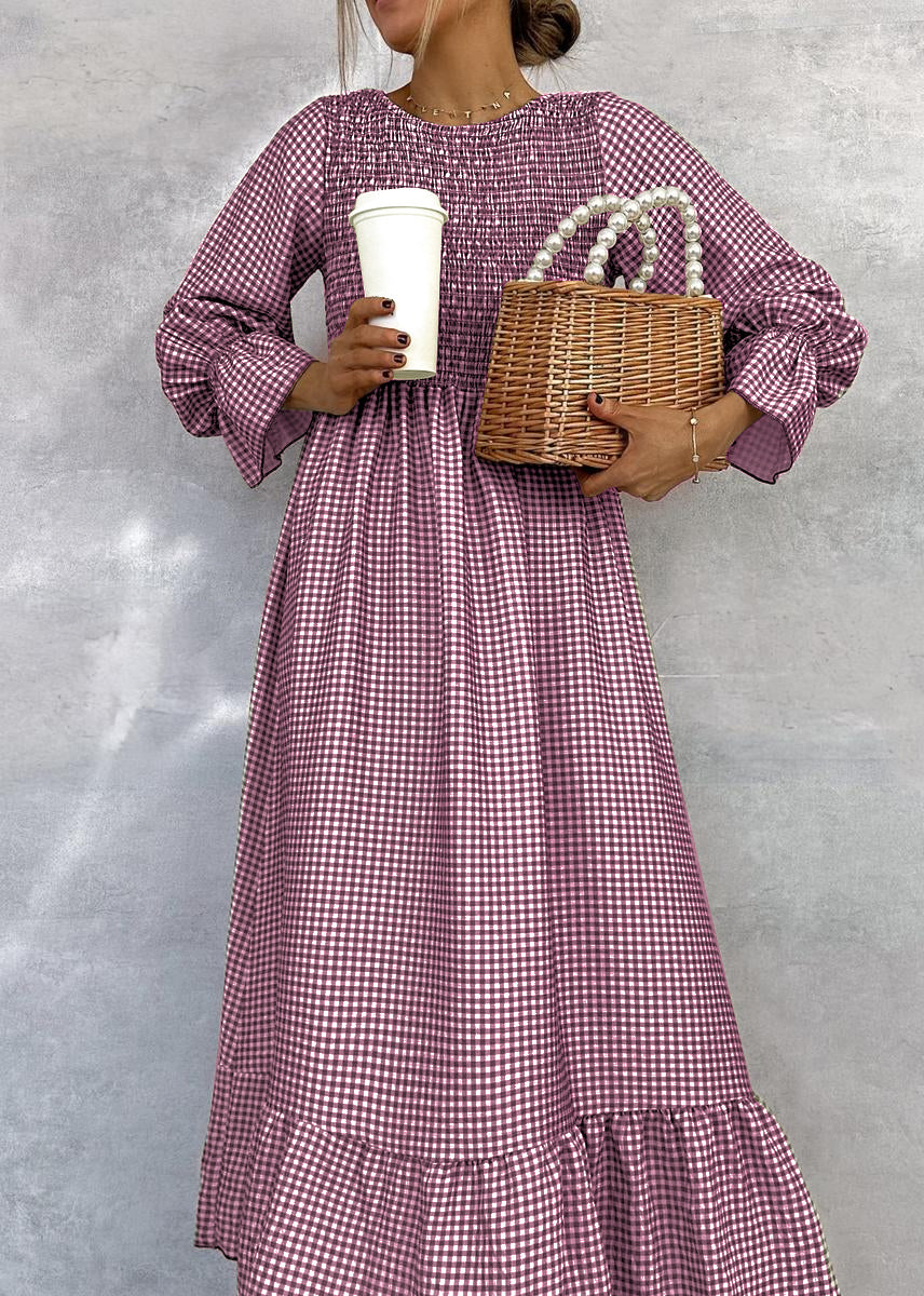 Green Check Round Neck Maxi Dress