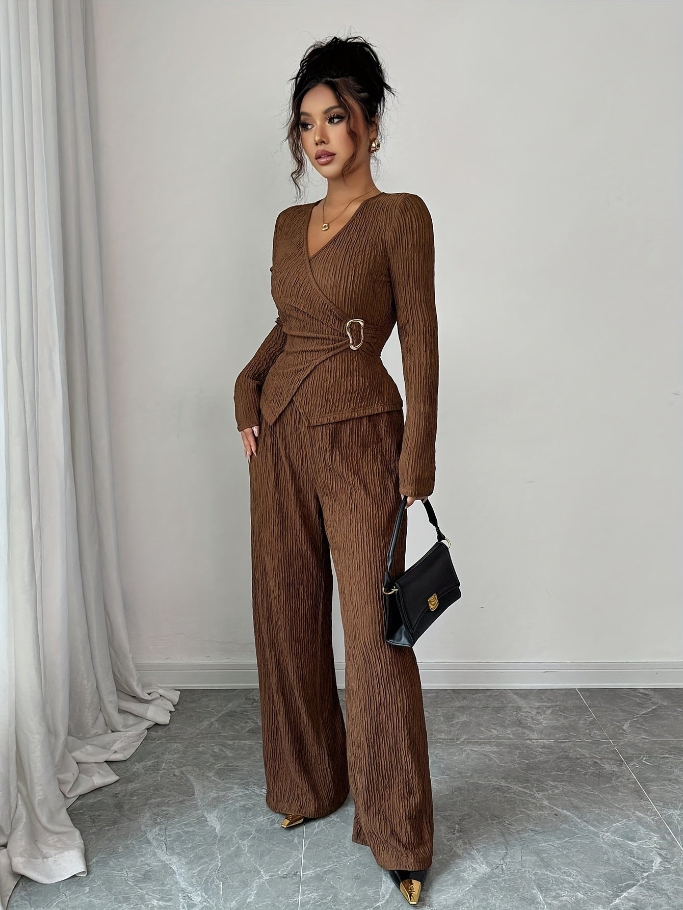 Women's Long-Sleeve Wrap Top and Wide-Leg Pants Set