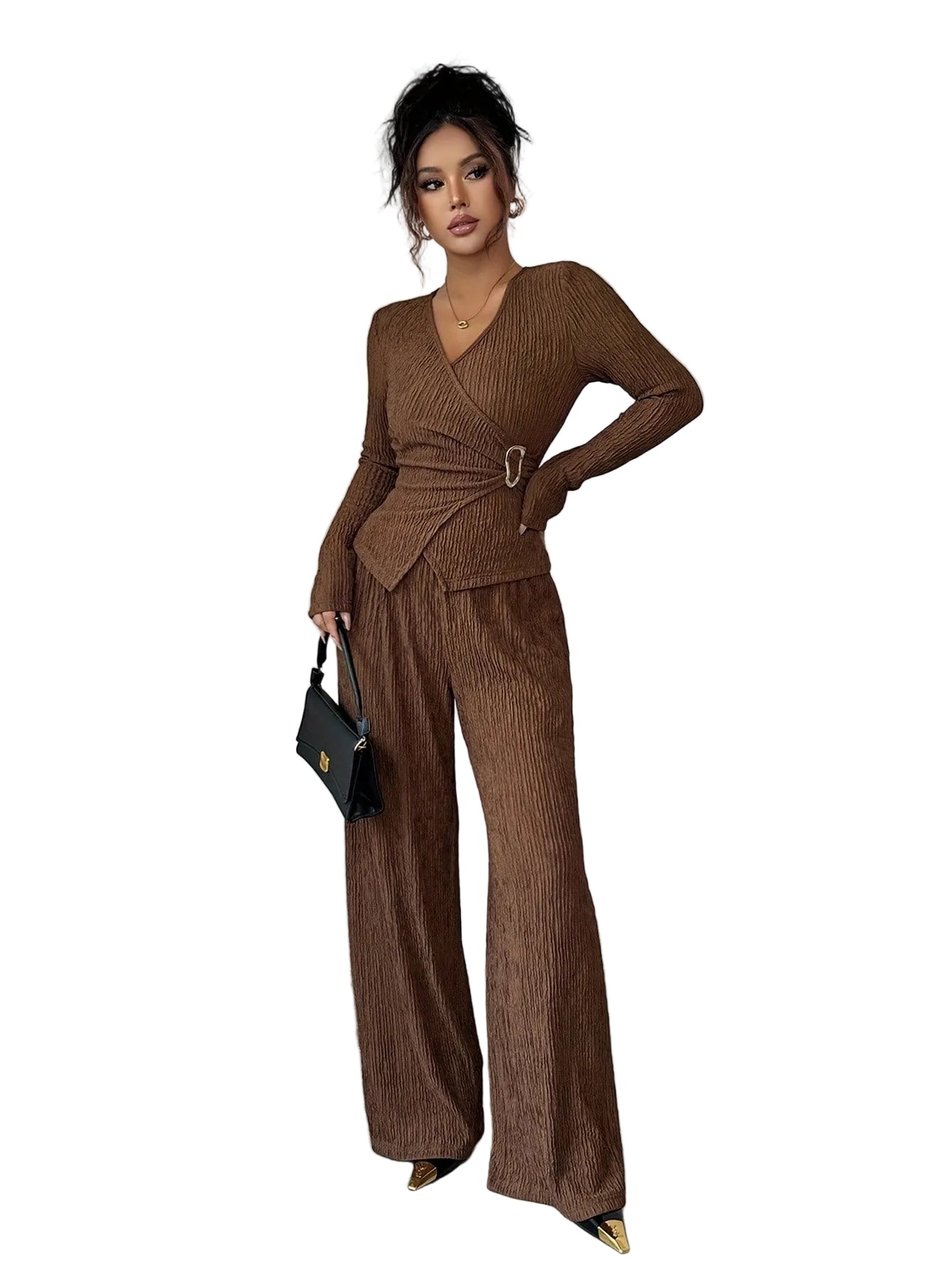 Women's Long-Sleeve Wrap Top and Wide-Leg Pants Set