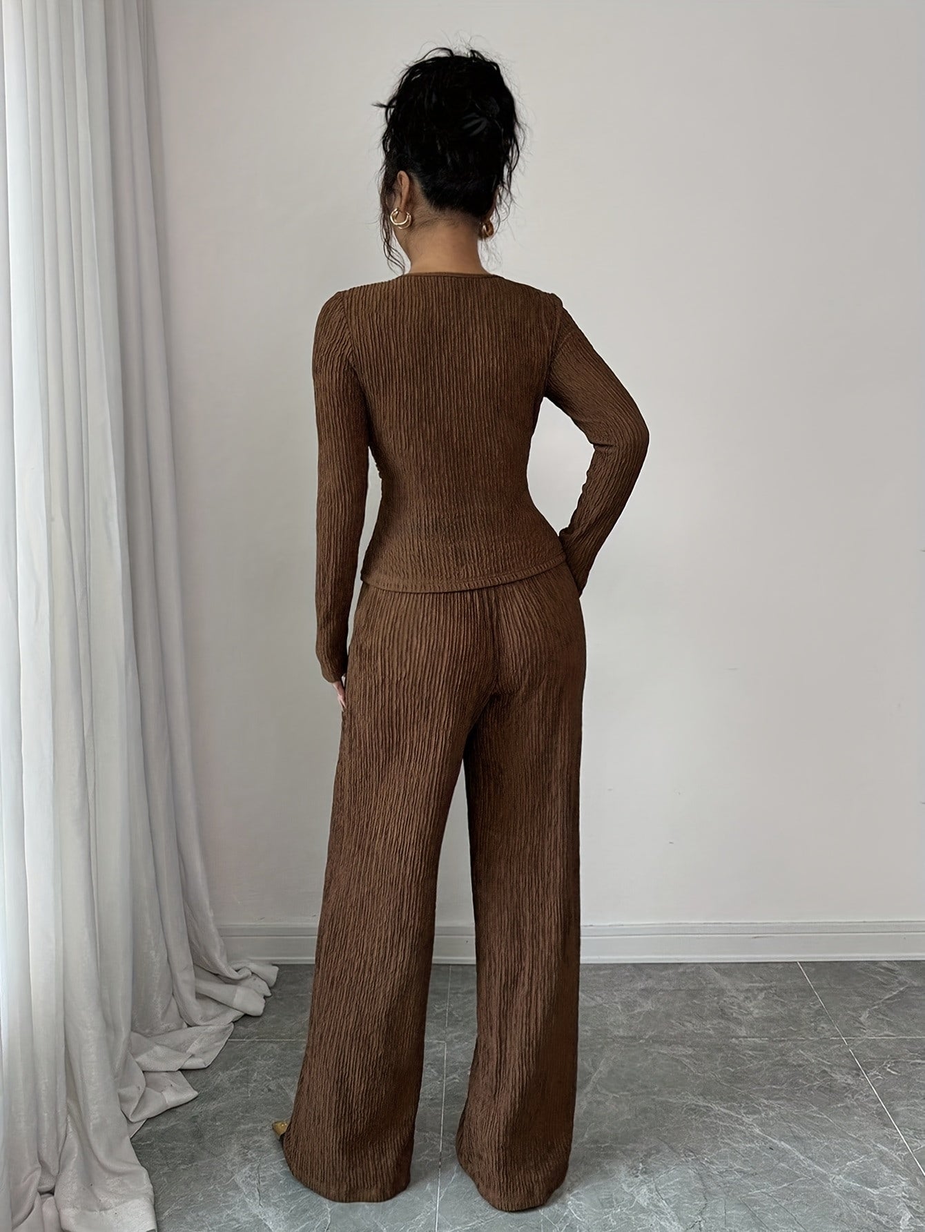 Women's Long-Sleeve Wrap Top and Wide-Leg Pants Set