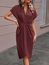 Women's Casual Dress Midi Dress Ruched Date Vacation Streetwear Basic V Neck Short Sleeve Black Pink Dark Green Color
