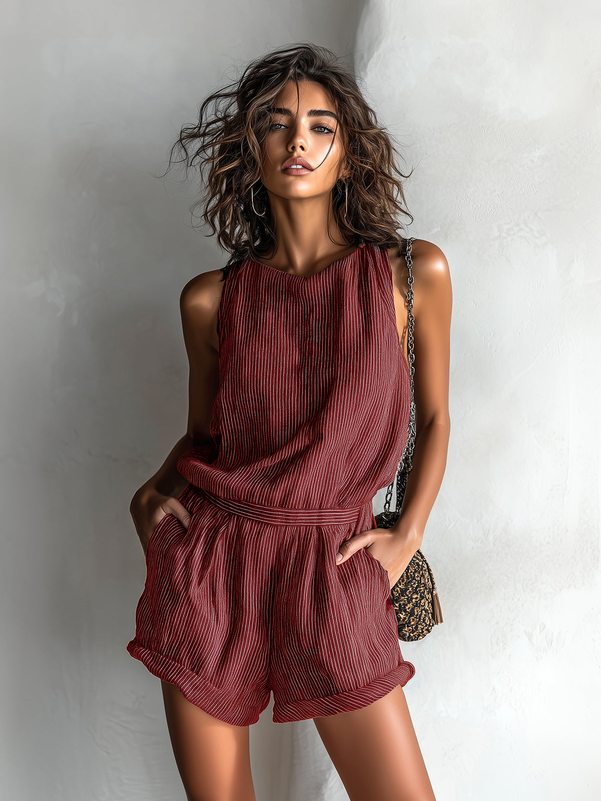 ElevenOra Chic Casual Black Stripe Linen Blend Boat-Neck Sleeveless Tailored-Waist Loose-Fit Romper