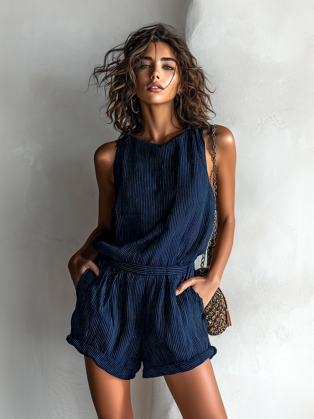 ElevenOra Chic Casual Black Stripe Linen Blend Boat-Neck Sleeveless Tailored-Waist Loose-Fit Romper