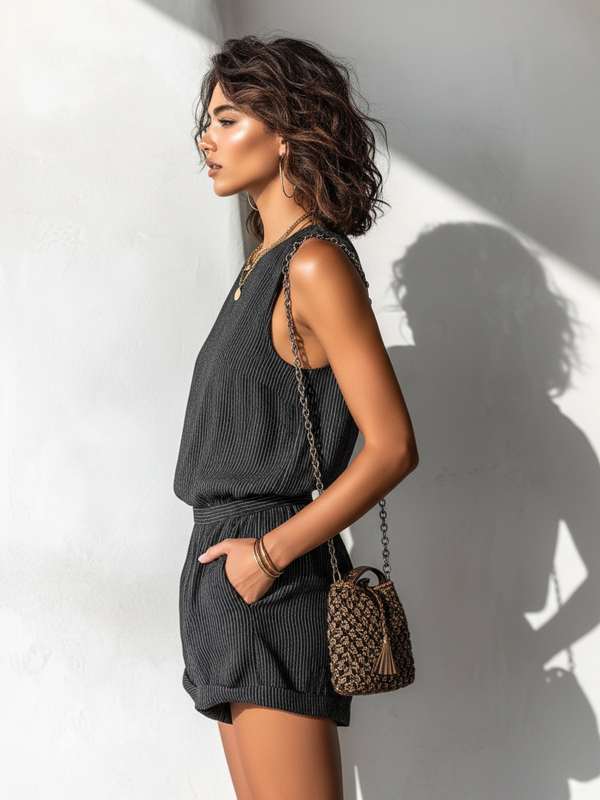 ElevenOra Chic Casual Black Stripe Linen Blend Boat-Neck Sleeveless Tailored-Waist Loose-Fit Romper