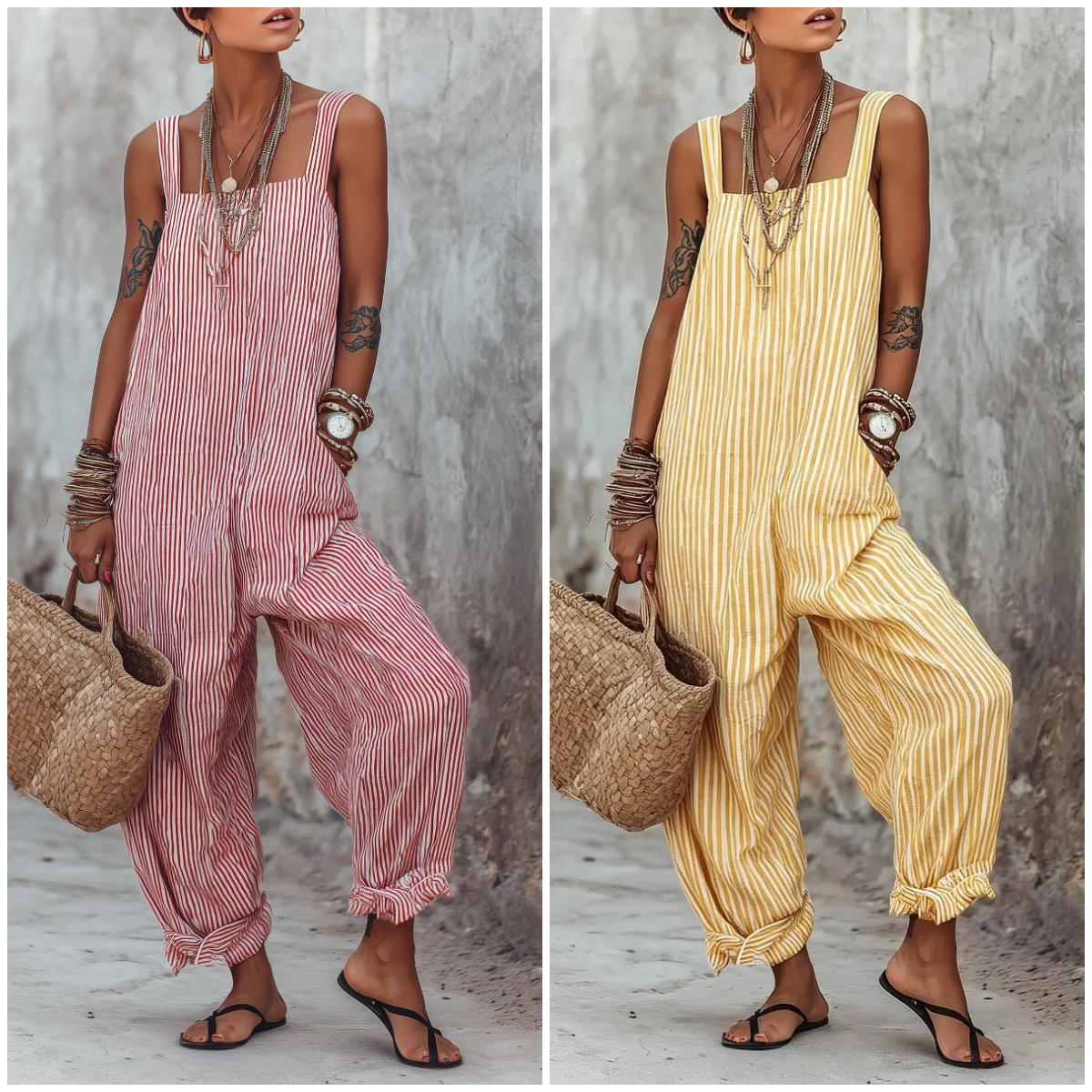 Women's Minimalist Striped Loose-Fit Square-Neck Sleeveless Jumpsuit