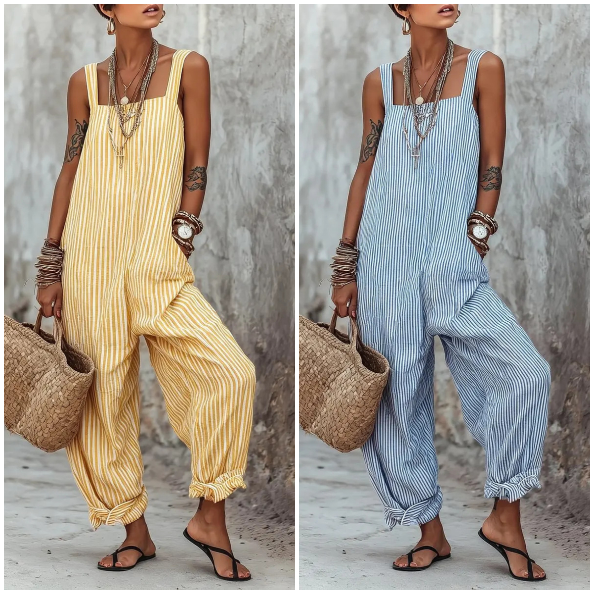 Women's Minimalist Striped Loose-Fit Square-Neck Sleeveless Jumpsuit