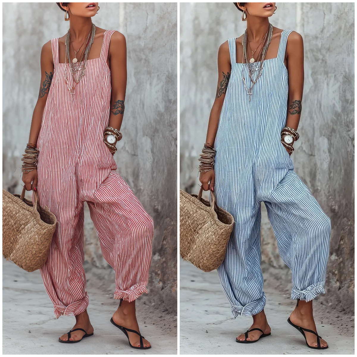 Women's Minimalist Striped Loose-Fit Square-Neck Sleeveless Jumpsuit