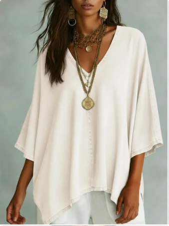 Women’s Relaxed V-Neck Chambray Blouse – Loose Fit & Plus-Size Friendly