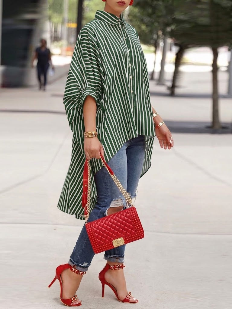 Loose-fit Casual Striped Shirt With High-low Hem