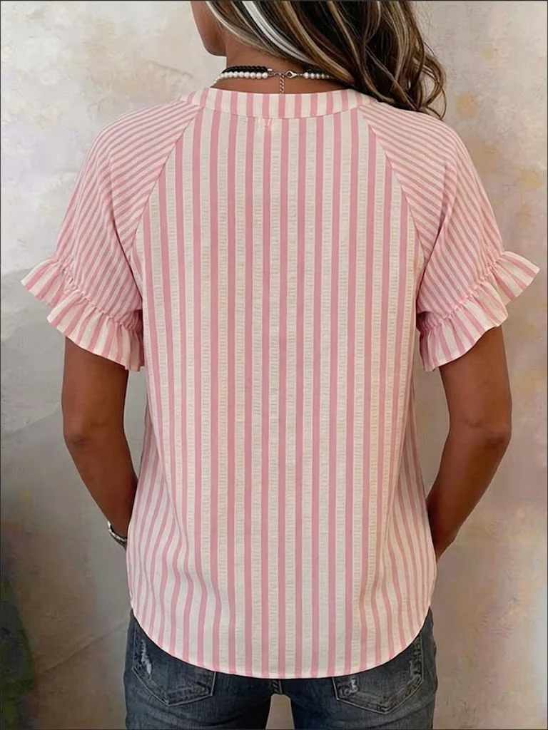 Casual Linen-cotton Shirt With Mixed-width Striped Paneling